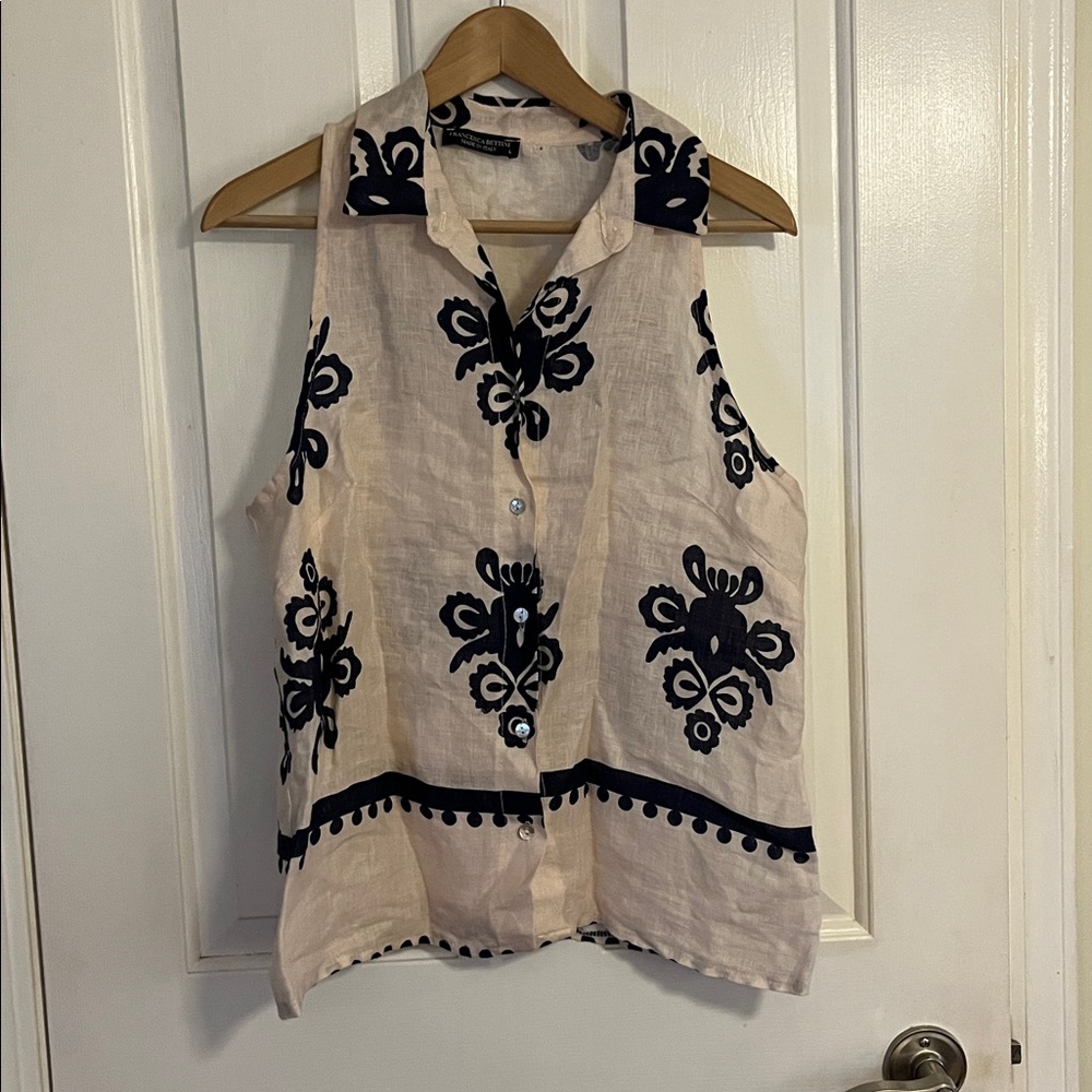 Sleeveless Embroidered Cotton Blouse - Black on Cream